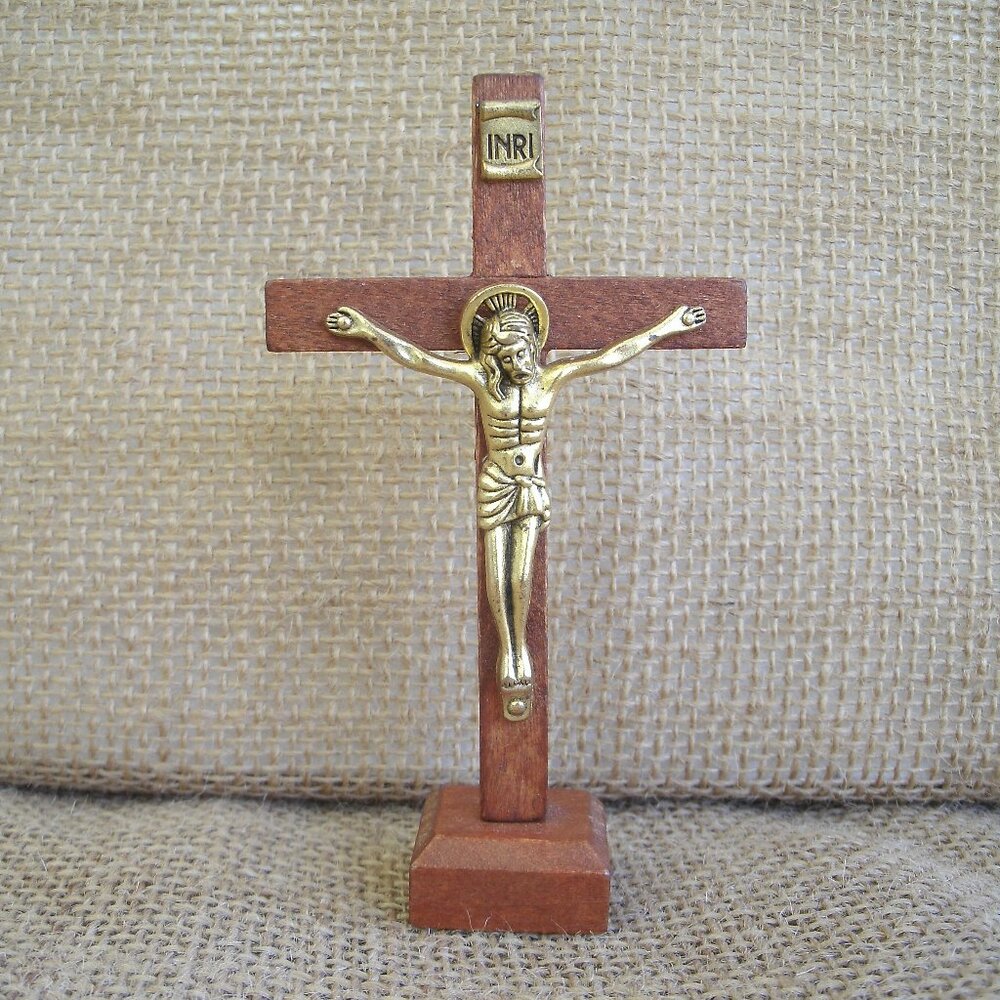 Vintage Small Wood Crucifix Figurine Gold Jesus